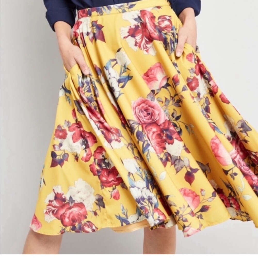 ModCloth Yellow Floral Circle Skirt with Pink & Red Roses